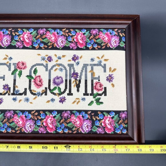 Handmade Floral Welcome Wall Hanging Framed Cross Stitch Art Granny Chic Decor - Picture 11 of 12